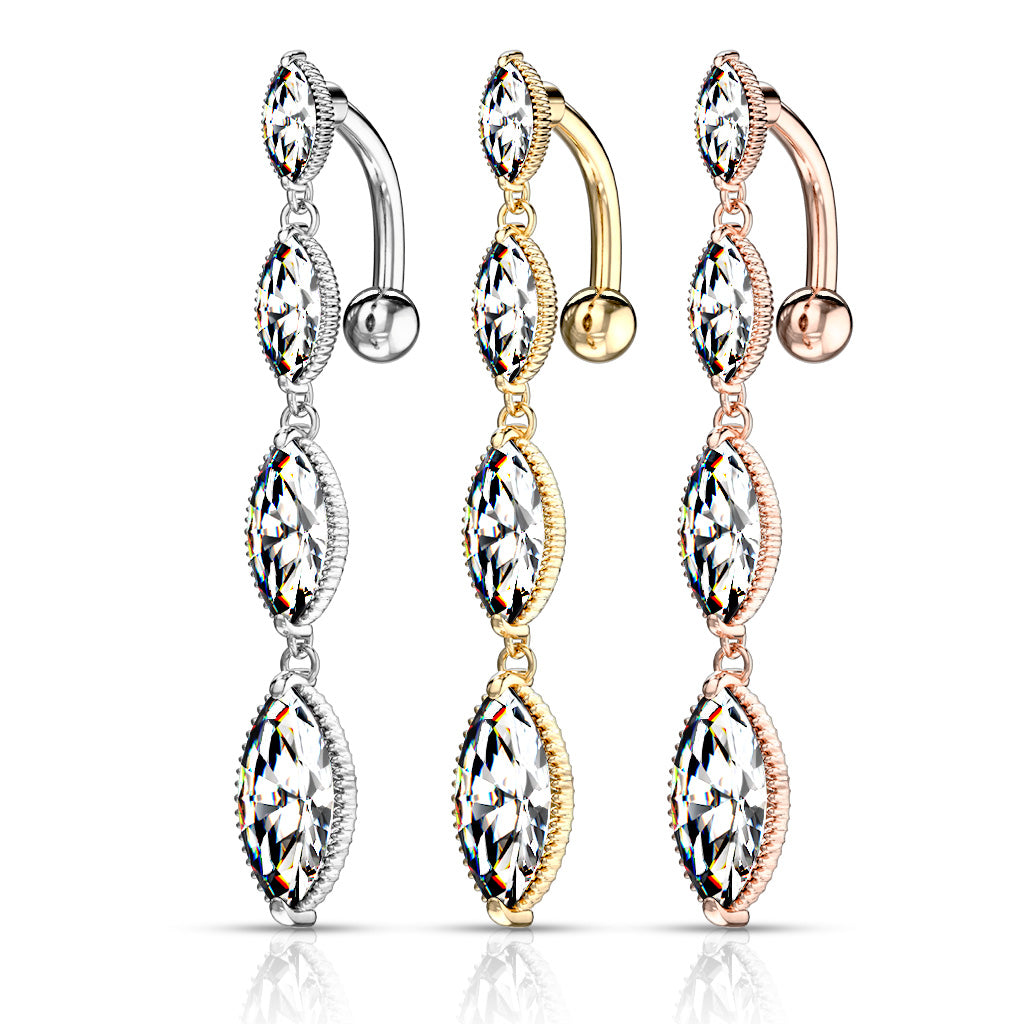316L Surgical Steel Four Marquise CZ Vertical Drop Belly Button Ring size chart