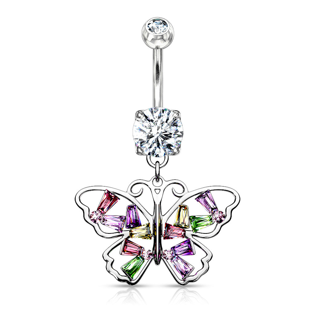 316L Surgical Steel Butterfly With Multi Colored Baguette CZ Wings Dangle Belly Button Ring - Clear