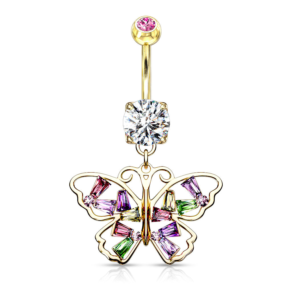 316L Surgical Steel Butterfly With Multi Colored Baguette CZ Wings Dangle Belly Button Ring - Gold/Pink