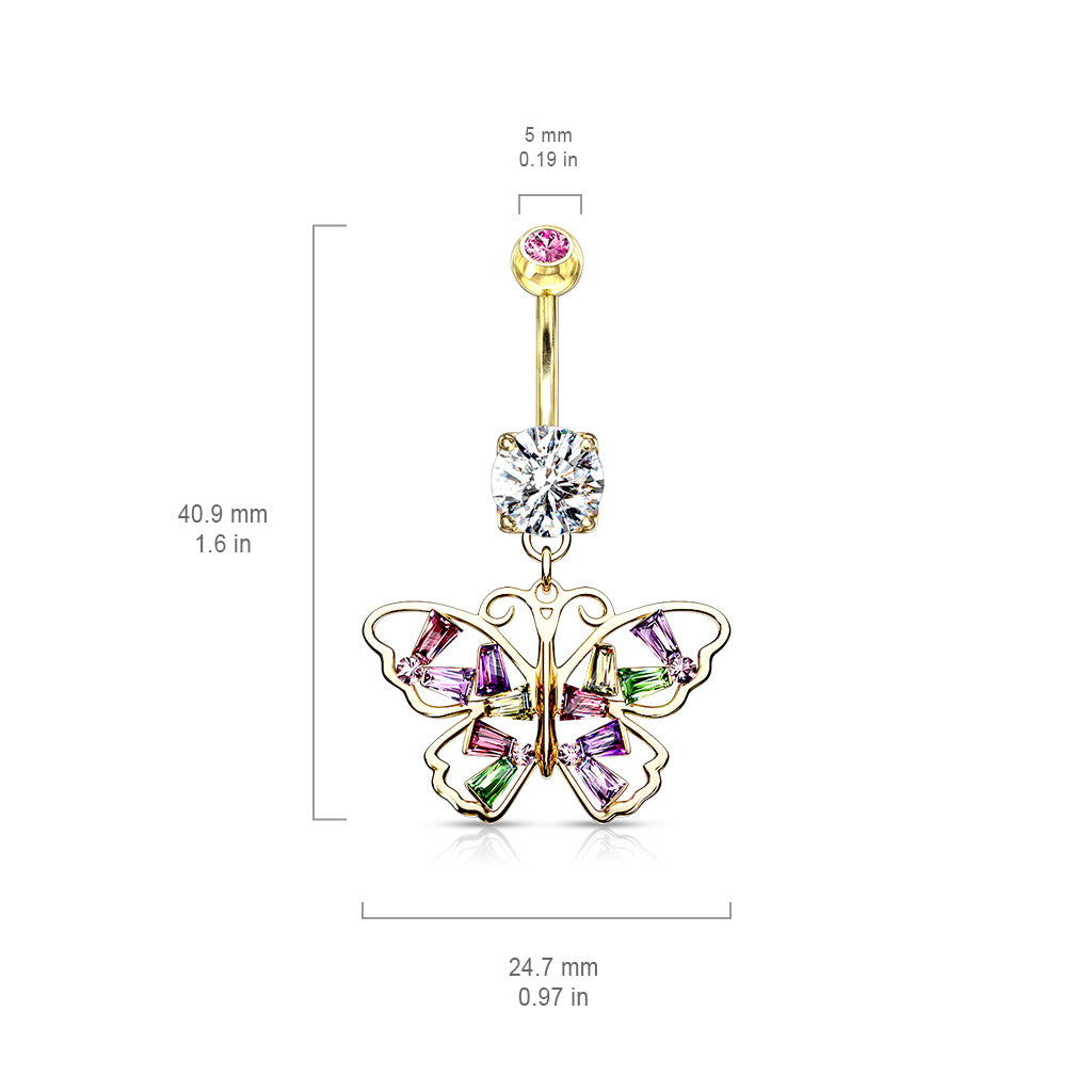 316L Surgical Steel Butterfly With Multi Colored Baguette CZ Wings Dangle Belly Button Ring size chart