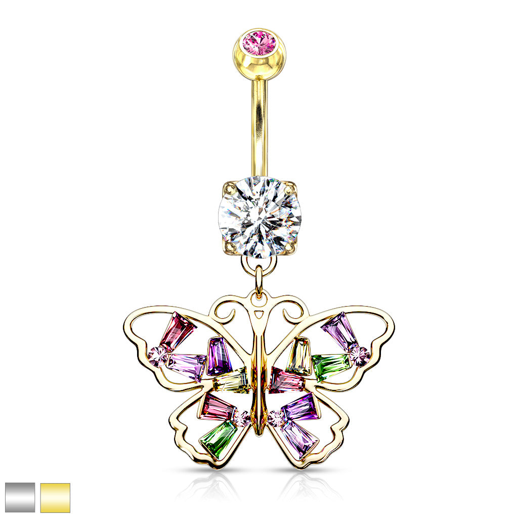 316L Surgical Steel Butterfly With Multi Colored Baguette CZ Wings Dangle Belly Button Ring - all colors