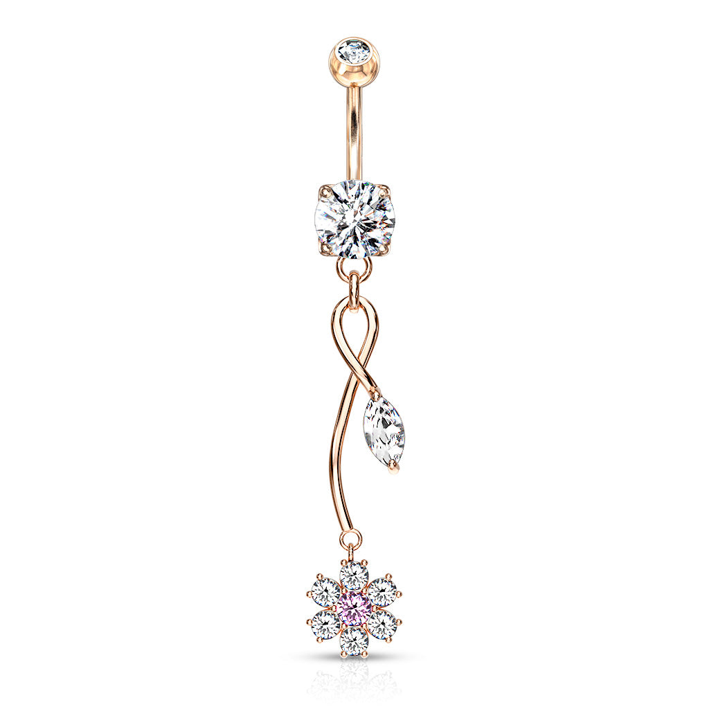 316L Surgical Steel CZ Flower With Pink CZ Center And Marquise CZ Leaf On Vine Dangle Belly Button Ring - Rose Gold/Clear