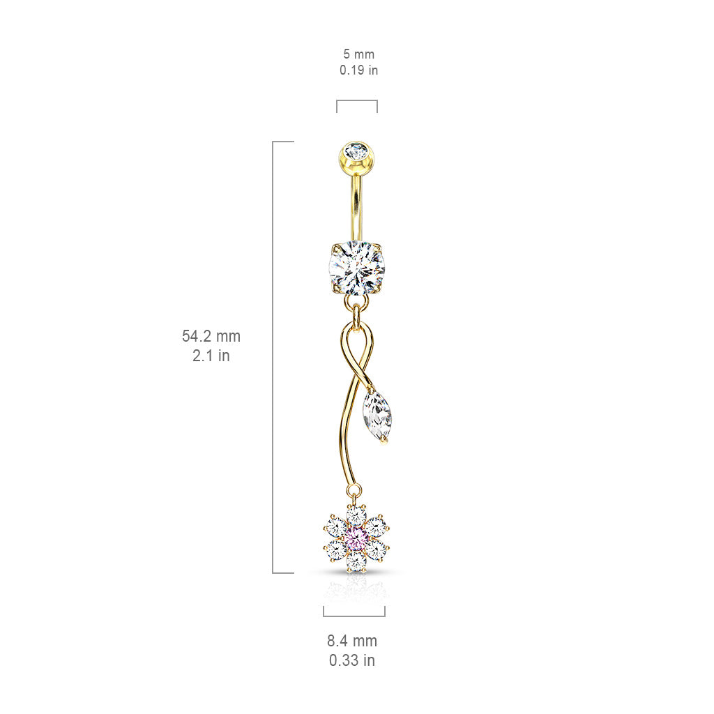 316L Surgical Steel CZ Flower With Pink CZ Center And Marquise CZ Leaf On Vine Dangle Belly Button Ring size chart