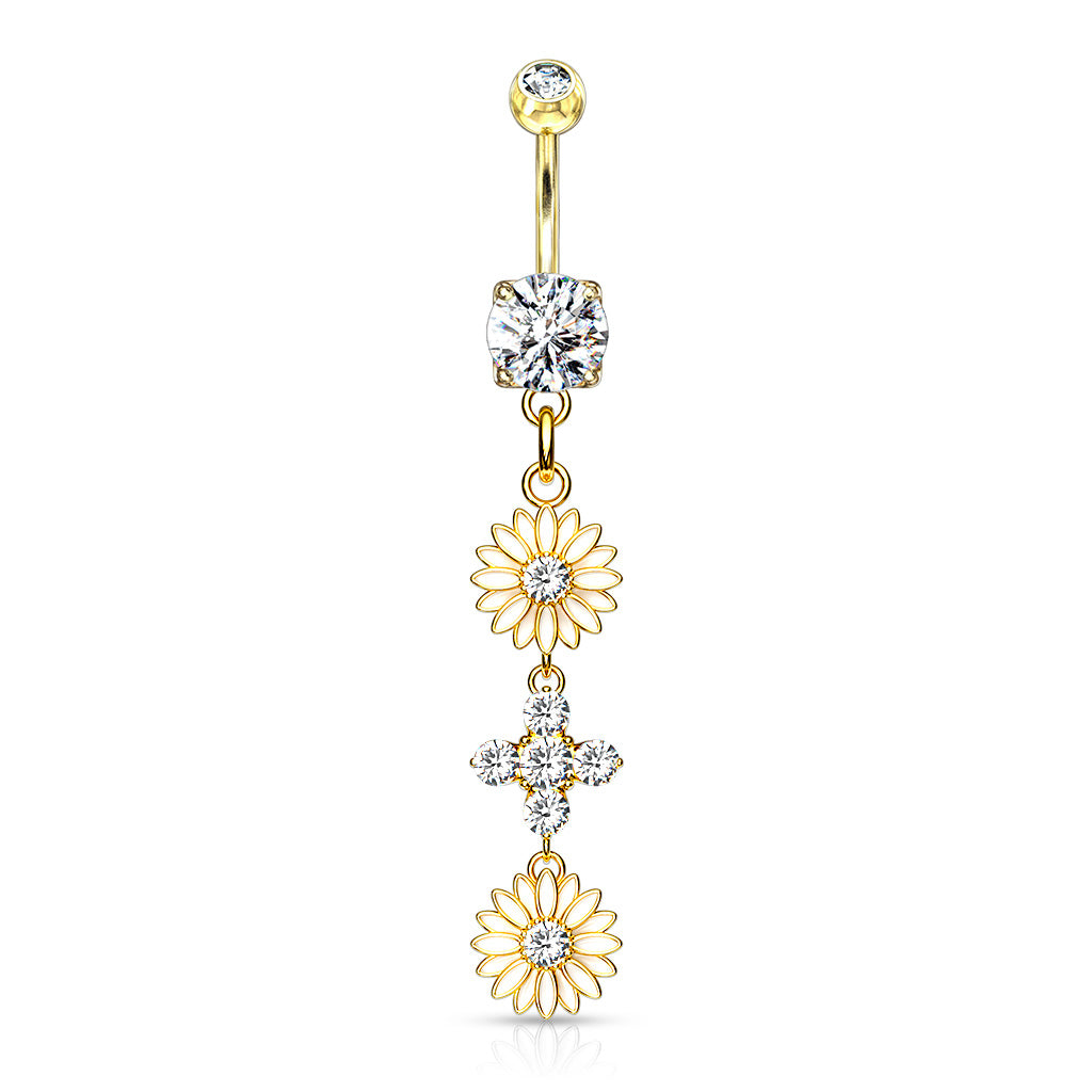 316L Surgical Steel Double Enamel Flower With CZ Center And 4 CZ Flower Dangle Belly Button Ring - Gold/Clear