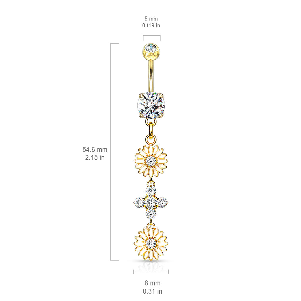 316L Surgical Steel Double Enamel Flower With CZ Center And 4 CZ Flower Dangle Belly Button Ring size chart