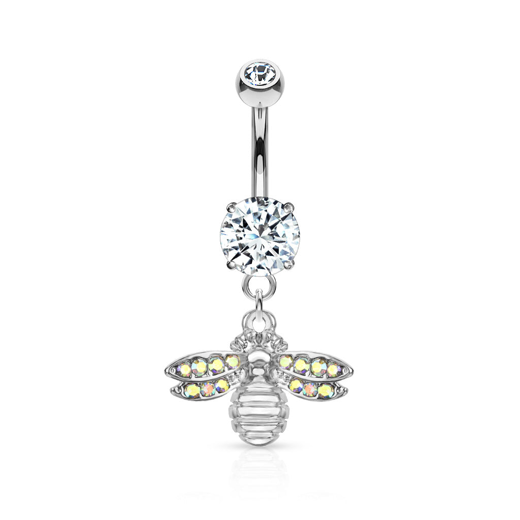 316L Surgical Steel Bee With AB Crystal Paved Wings Dangle Double Jeweled Belly Button Ring - Clear