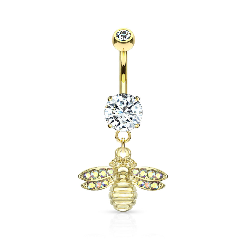 316L Surgical Steel Bee With AB Crystal Paved Wings Dangle Double Jeweled Belly Button Ring - Gold/Clear