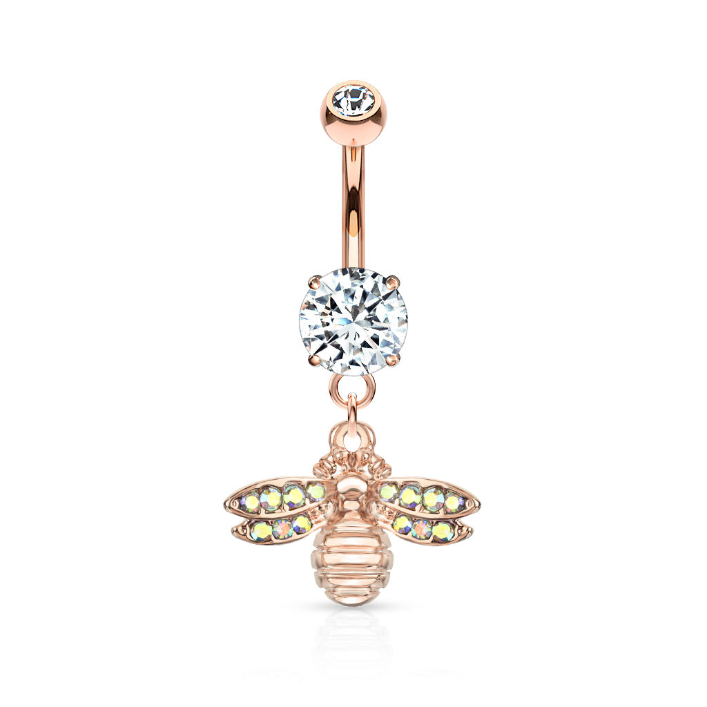 316L Surgical Steel Bee With AB Crystal Paved Wings Dangle Double Jeweled Belly Button Ring - Rose Gold/Clear