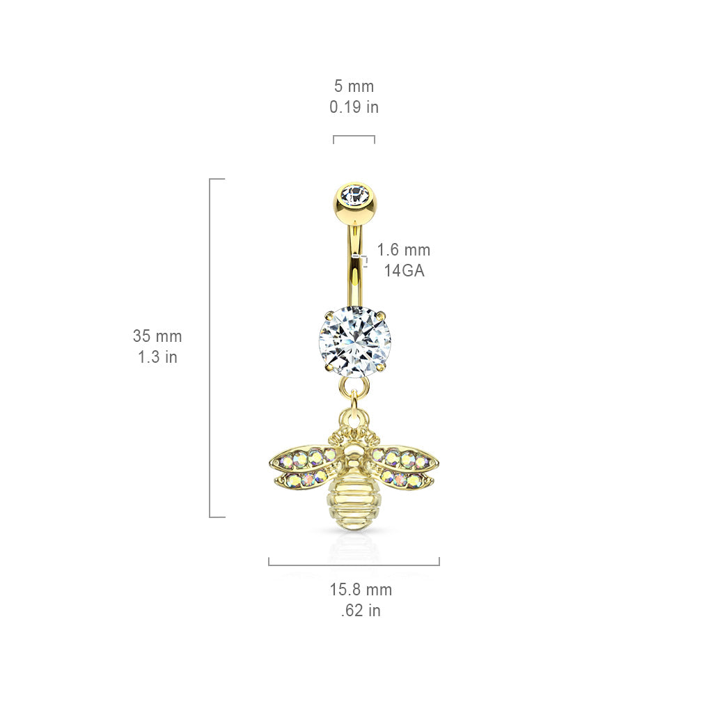 316L Surgical Steel Bee With AB Crystal Paved Wings Dangle Double Jeweled Belly Button Ring size chart