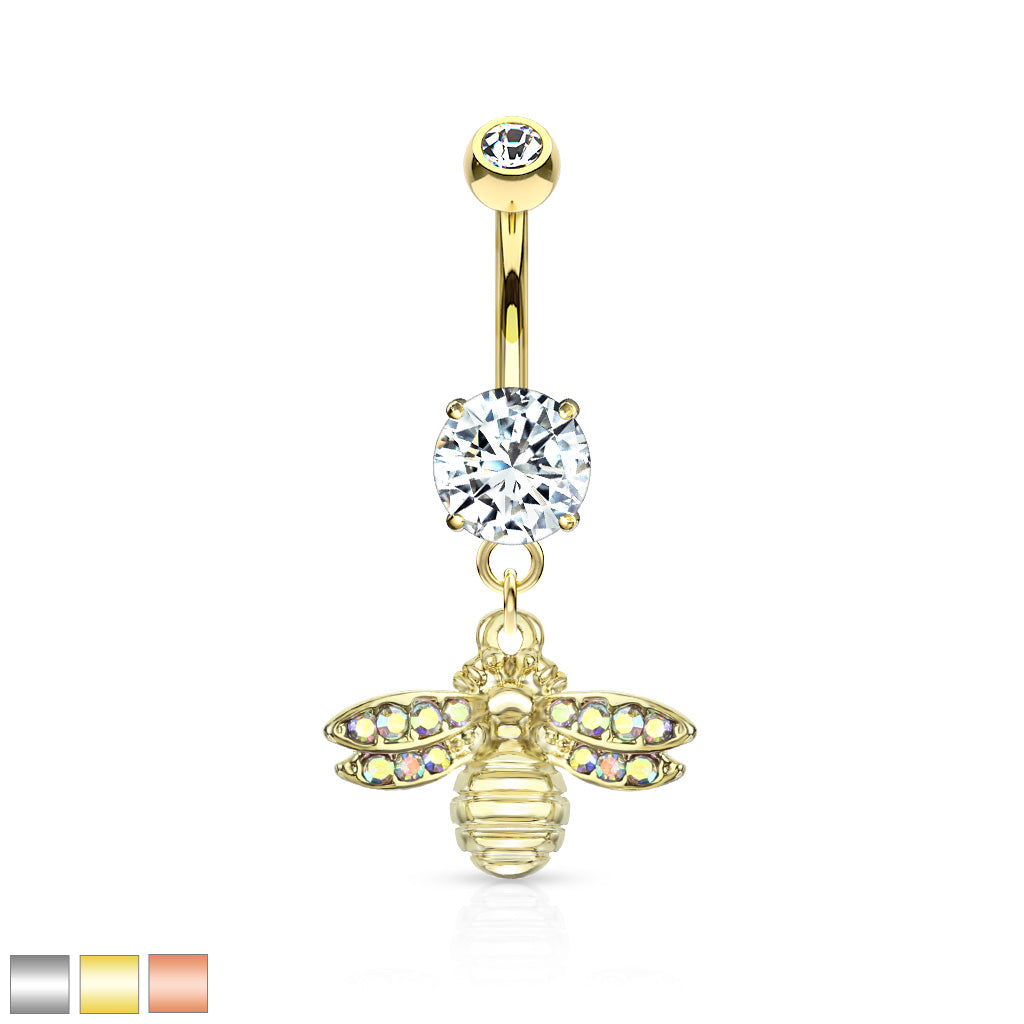 316L Surgical Steel Bee With AB Crystal Paved Wings Dangle Double Jeweled Belly Button Ring - all colors