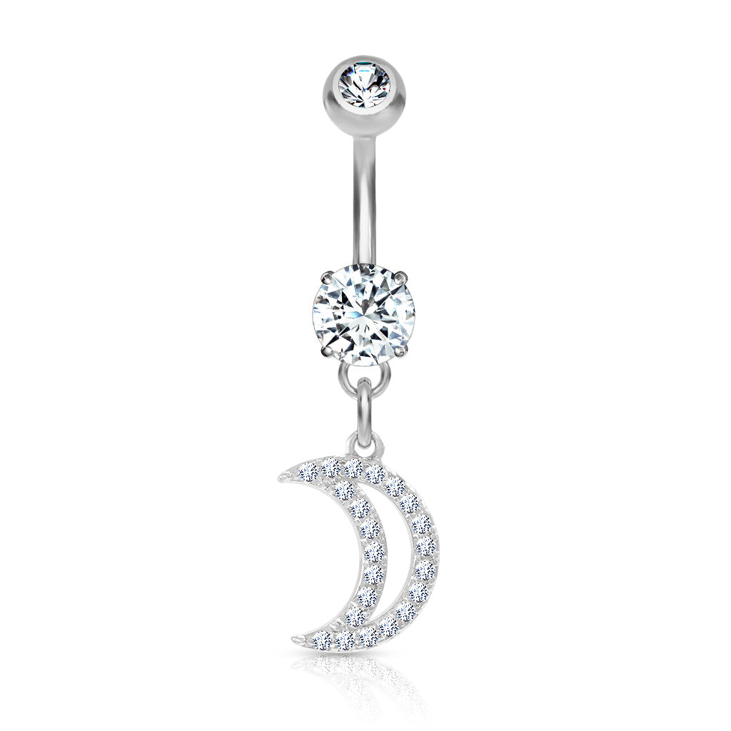 316L Surgical Steel CZ Paved Crescent Dangle Belly Button Ring - Clear
