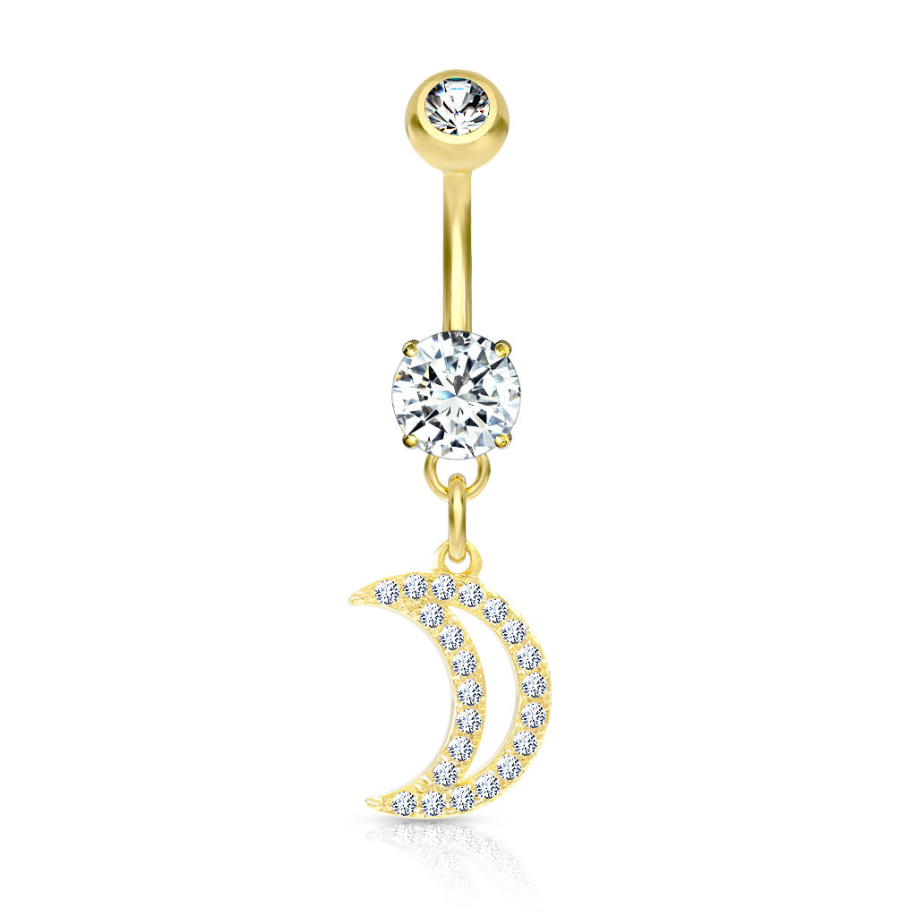 316L Surgical Steel CZ Paved Crescent Dangle Belly Button Ring - Gold/Clear