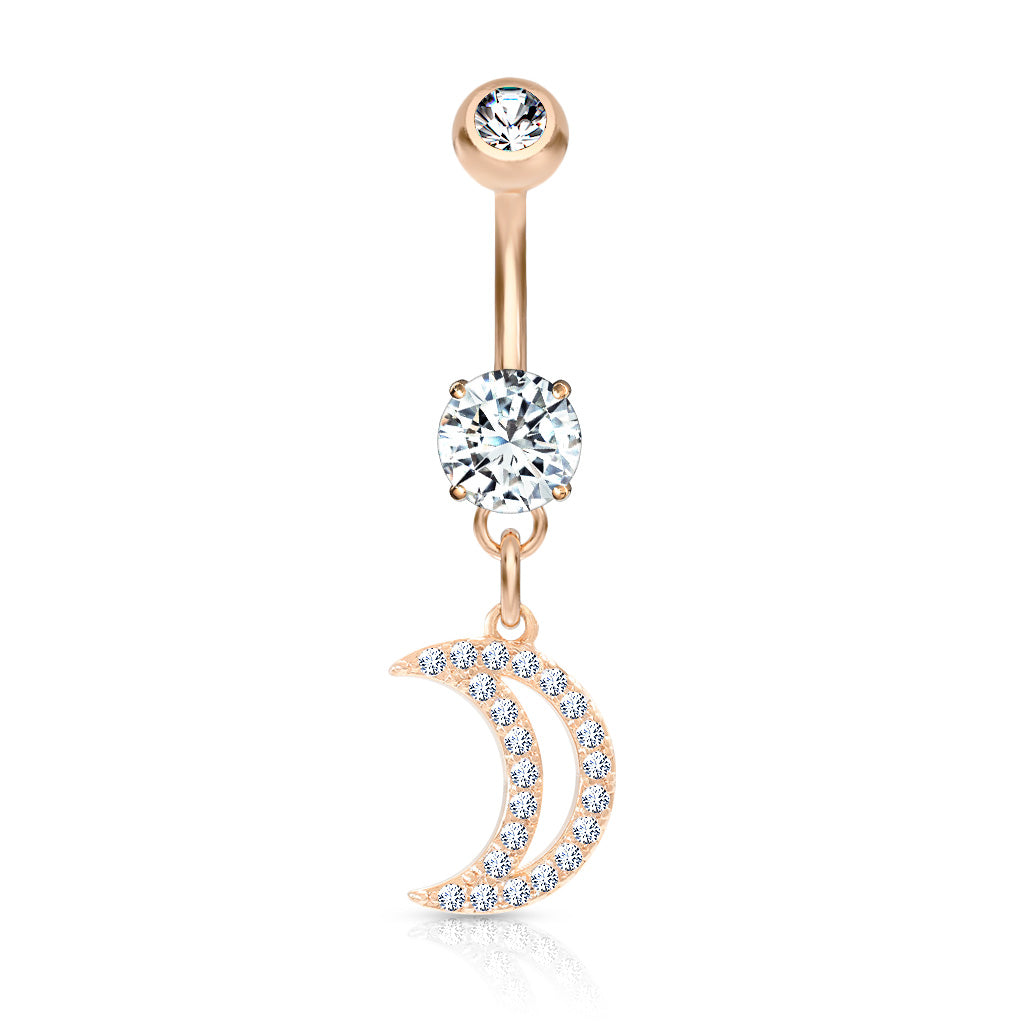 316L Surgical Steel CZ Paved Crescent Dangle Belly Button Ring - Rose Gold/Clear