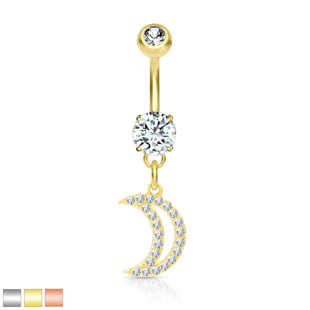 316L Surgical Steel CZ Paved Crescent Dangle Belly Button Ring - all colors