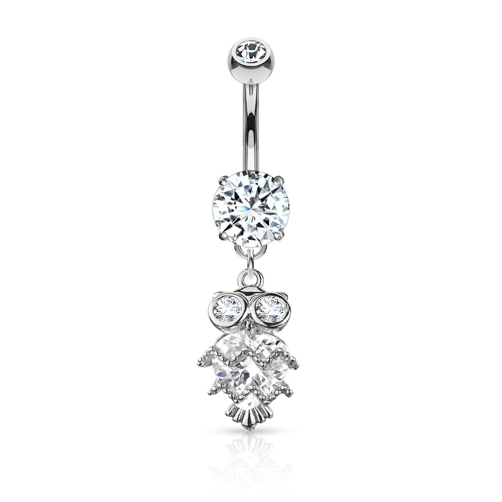 316L Surgical Steel CZ Owl With Heart Shaped Body Dangle Double Jeweled Belly Button Ring - Clear