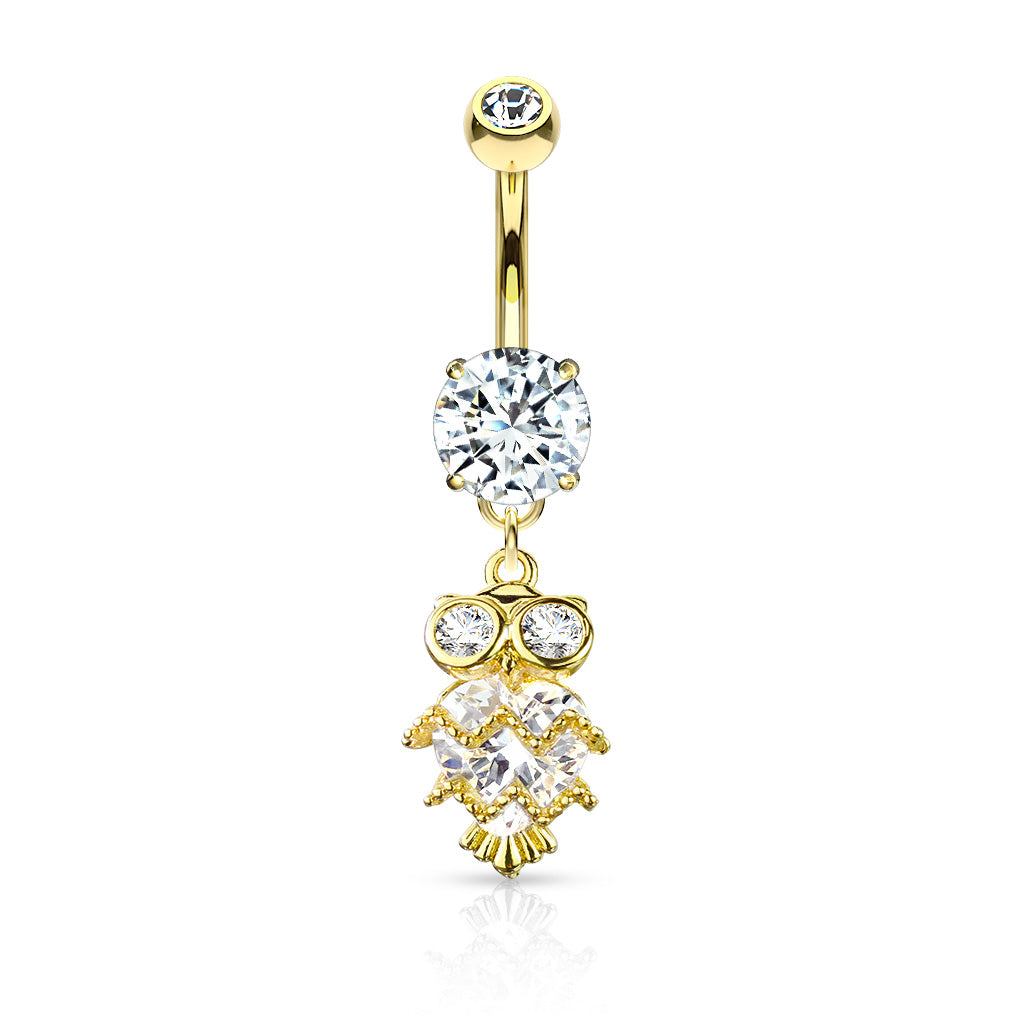 316L Surgical Steel CZ Owl With Heart Shaped Body Dangle Double Jeweled Belly Button Ring - Gold/Clear