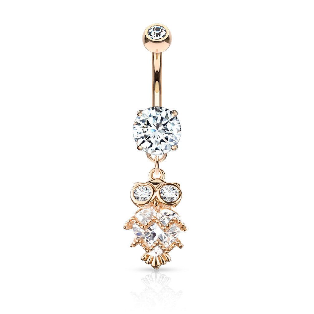 316L Surgical Steel CZ Owl With Heart Shaped Body Dangle Double Jeweled Belly Button Ring - Rose Gold/Clear