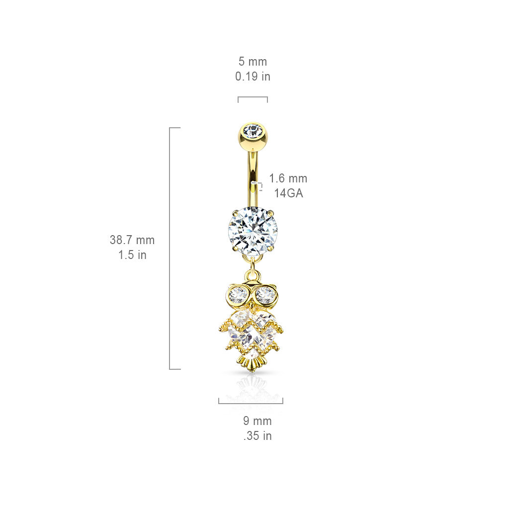 316L Surgical Steel CZ Owl With Heart Shaped Body Dangle Double Jeweled Belly Button Ring size chart