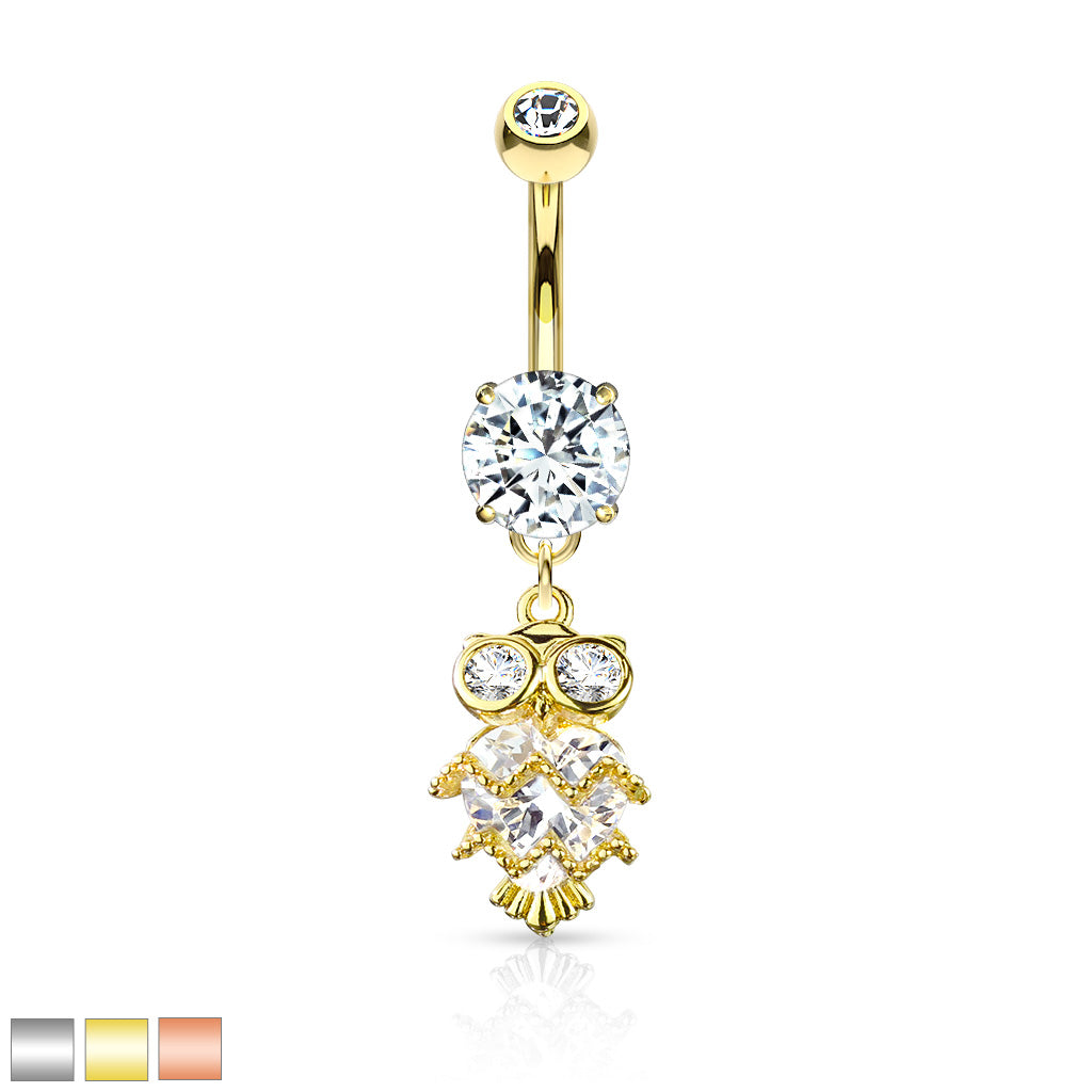 316L Surgical Steel CZ Owl With Heart Shaped Body Dangle Double Jeweled Belly Button Ring - all colors