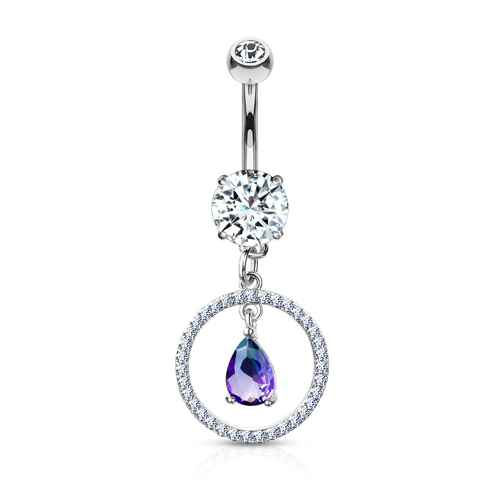 316L Surgical Steel CZ Paved Circle With Pear Shaped Green and Blue Two Tone CZ Dangle Double Jeweled Belly Button Ring - Clear