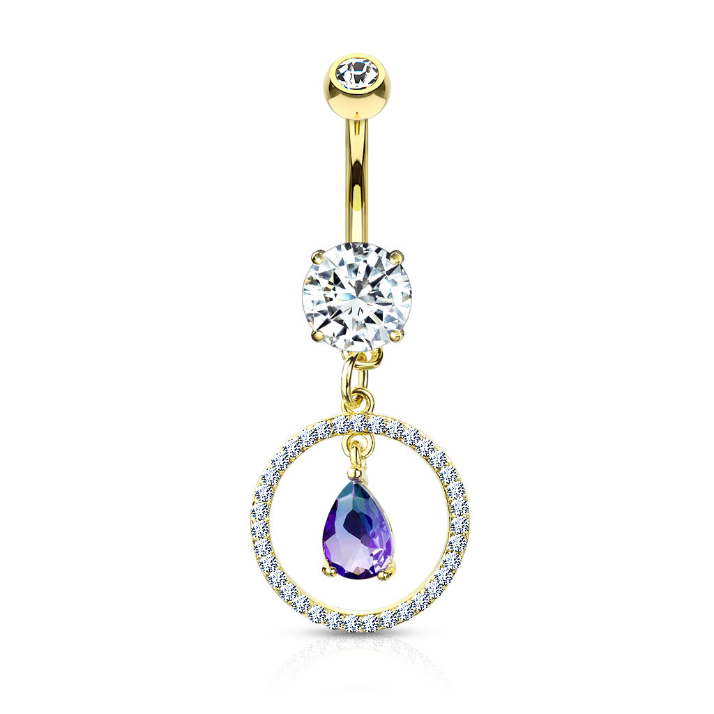 316L Surgical Steel CZ Paved Circle With Pear Shaped Green and Blue Two Tone CZ Dangle Double Jeweled Belly Button Ring - Gold/Clear