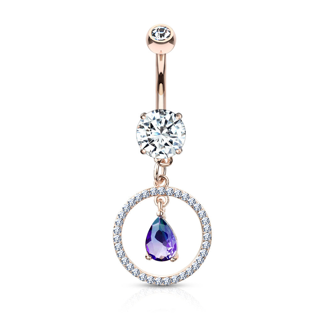 316L Surgical Steel CZ Paved Circle With Pear Shaped Green and Blue Two Tone CZ Dangle Double Jeweled Belly Button Ring - Rose Gold/Clear