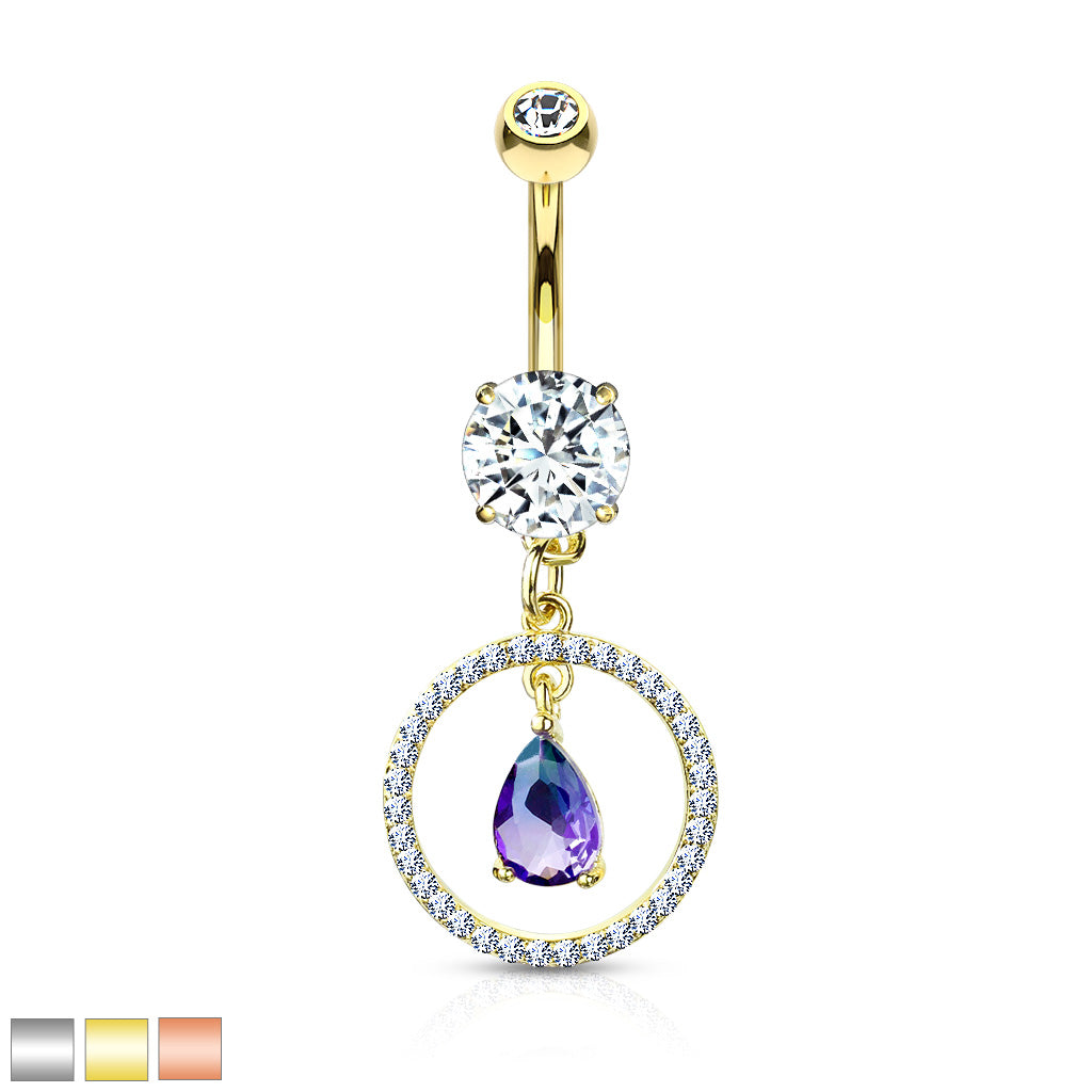 316L Surgical Steel CZ Paved Circle With Pear Shaped Green and Blue Two Tone CZ Dangle Double Jeweled Belly Button Ring - all colors