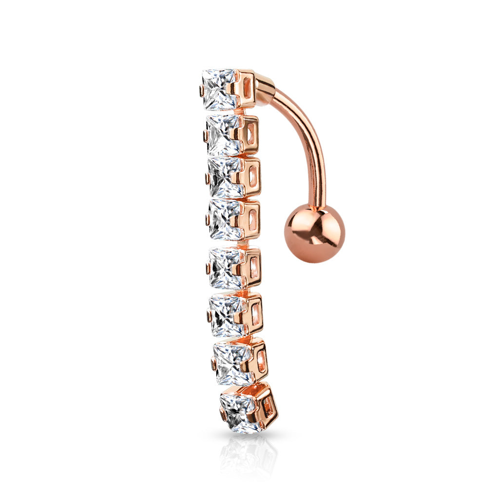 316L Surgical Steel 8 Square CZ Top Drop Belly Button Ring - Rose Gold/Clear