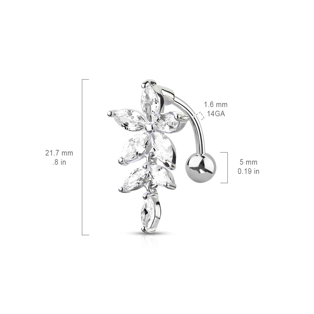 316L Surgical Steel Marquise CZ Flower With Marquise CZ Vines Top Drop Belly Button Ring size chart