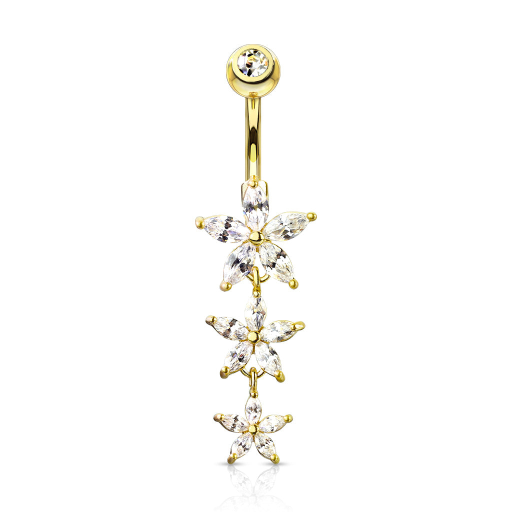 316L Surgical Steel Triple Marquise CZ Flowers Dangle With Gemmed Top Belly Button Ring - Gold/Clear