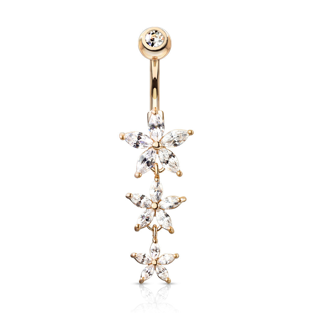 316L Surgical Steel Triple Marquise CZ Flowers Dangle With Gemmed Top Belly Button Ring - Rose Gold/Clear
