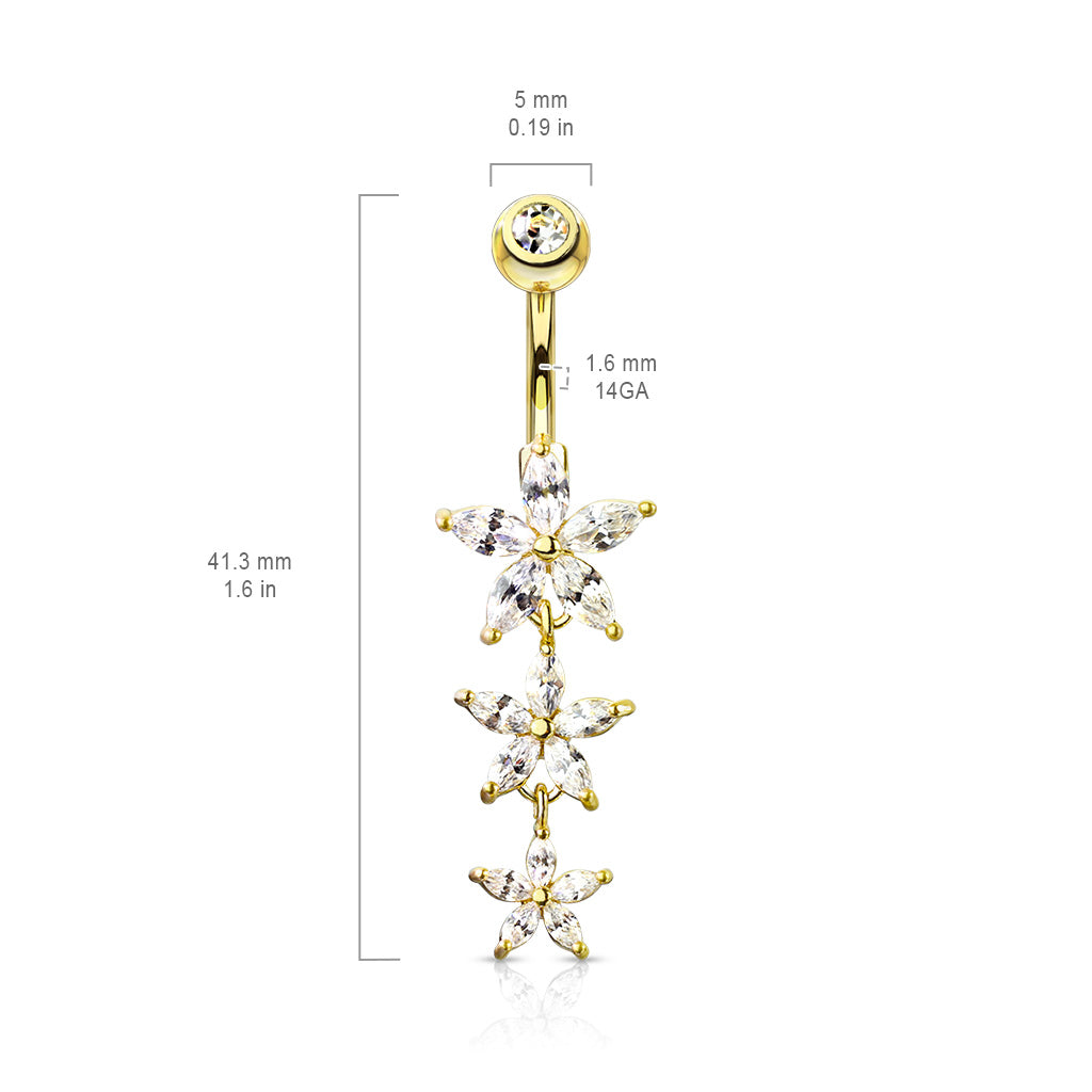 316L Surgical Steel Triple Marquise CZ Flowers Dangle With Gemmed Top Belly Button Ring size chart