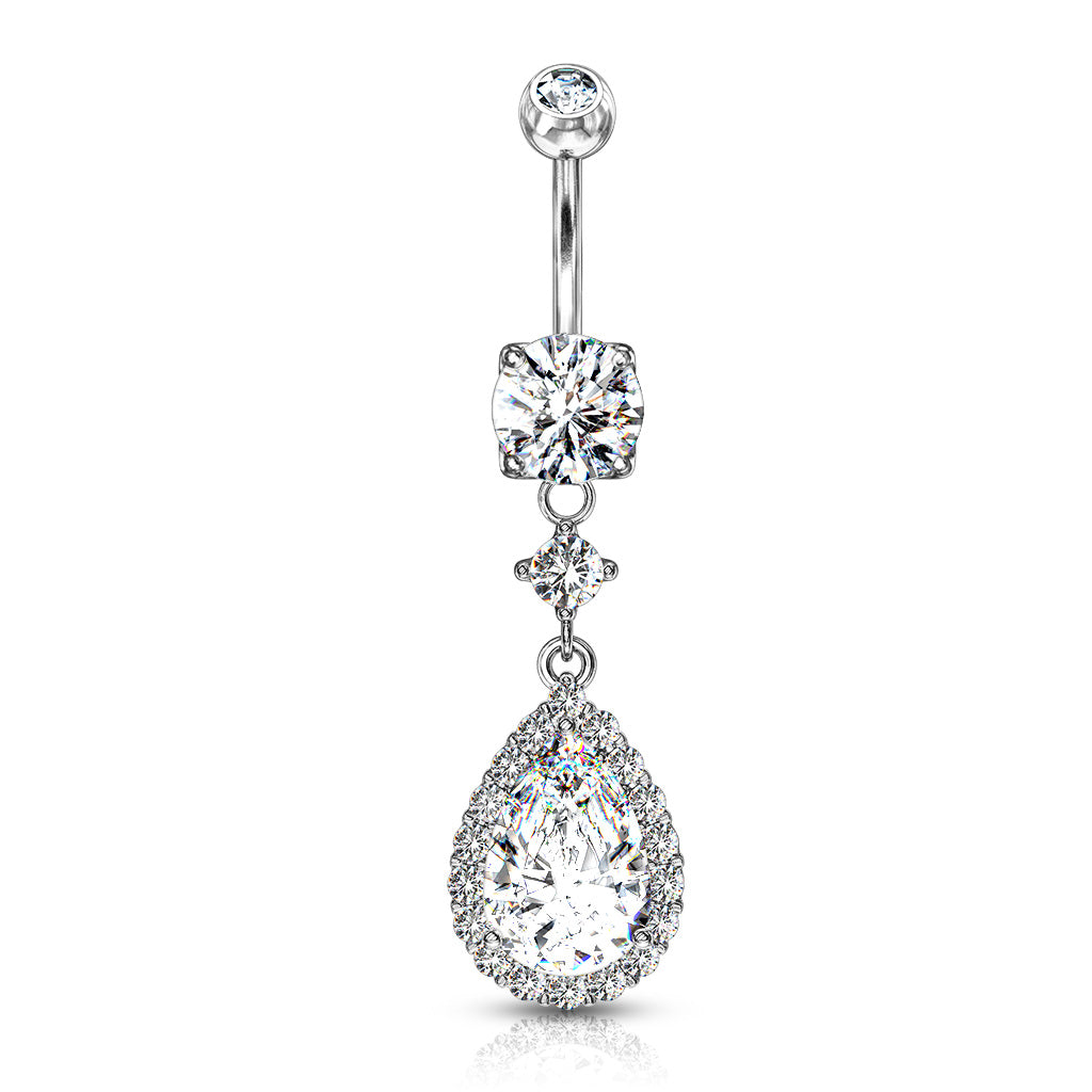 316L Surgical Steel Round CZ Prong Set With Large Tear Drop CZ With CZ Around Dangle Belly Button Ring - Clear