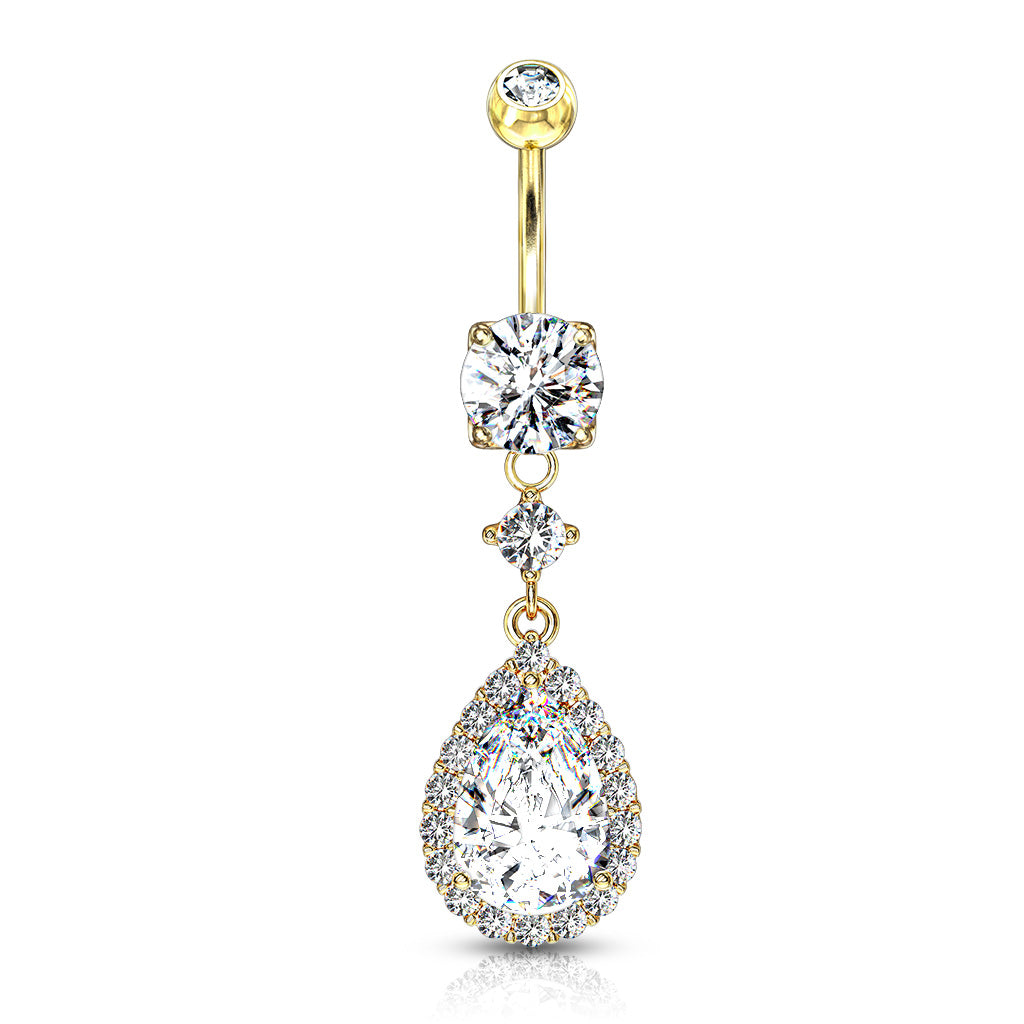 316L Surgical Steel Round CZ Prong Set With Large Tear Drop CZ With CZ Around Dangle Belly Button Ring - Gold/Clear
