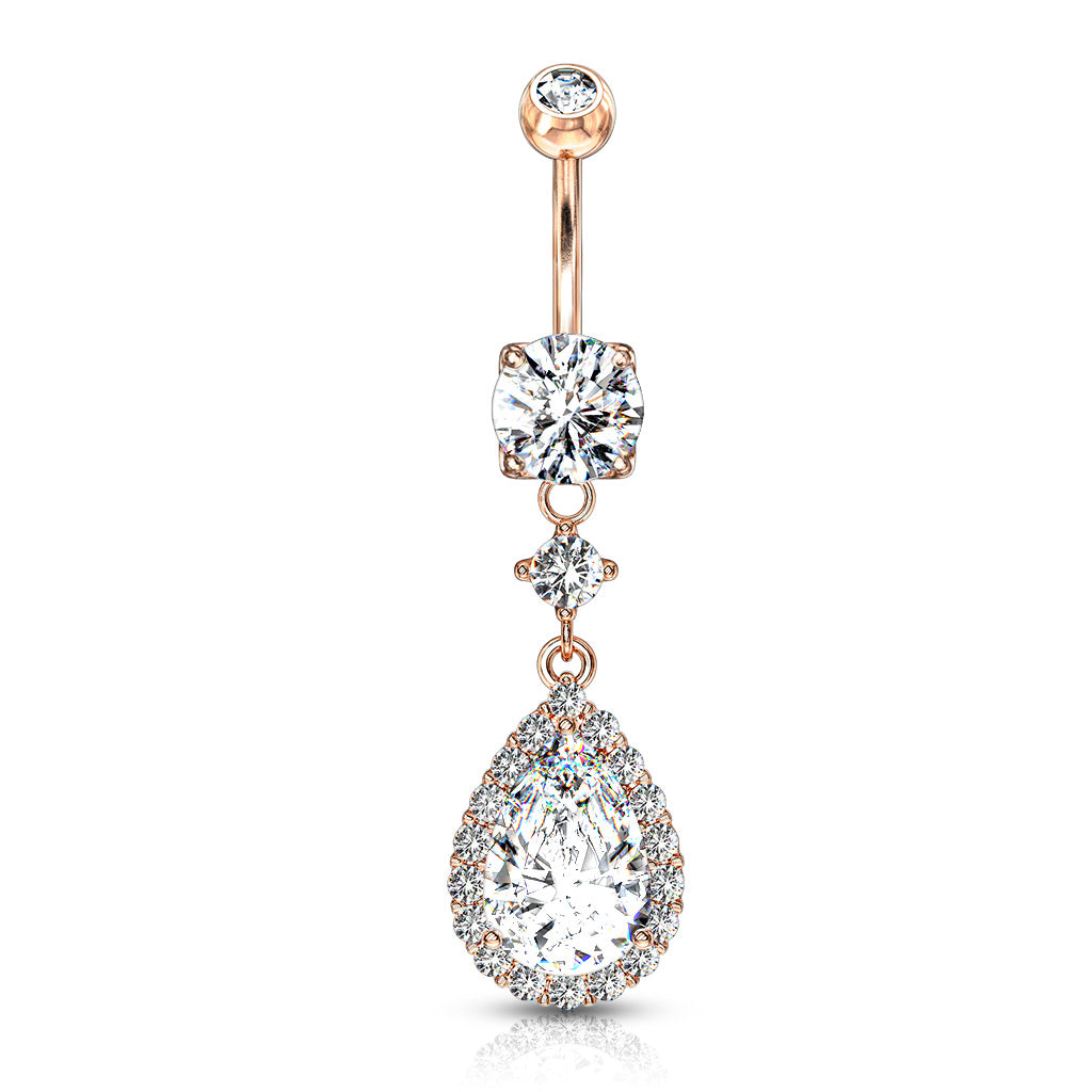 316L Surgical Steel Round CZ Prong Set With Large Tear Drop CZ With CZ Around Dangle Belly Button Ring - Rose Gold/Clear