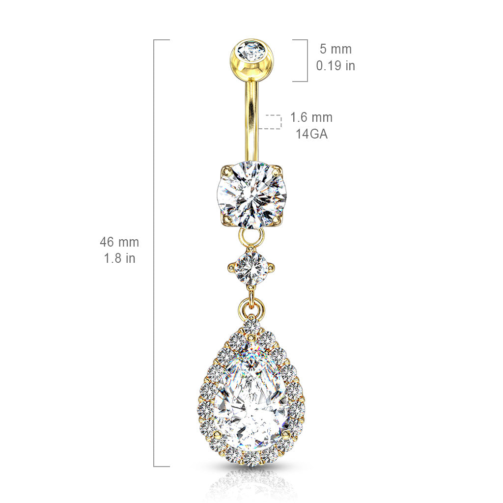 316L Surgical Steel Round CZ Prong Set With Large Tear Drop CZ With CZ Around Dangle Belly Button Ring size chart