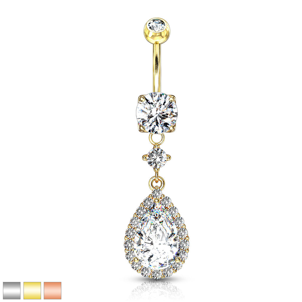 316L Surgical Steel Round CZ Prong Set With Large Tear Drop CZ With CZ Around Dangle Belly Button Ring - all colors