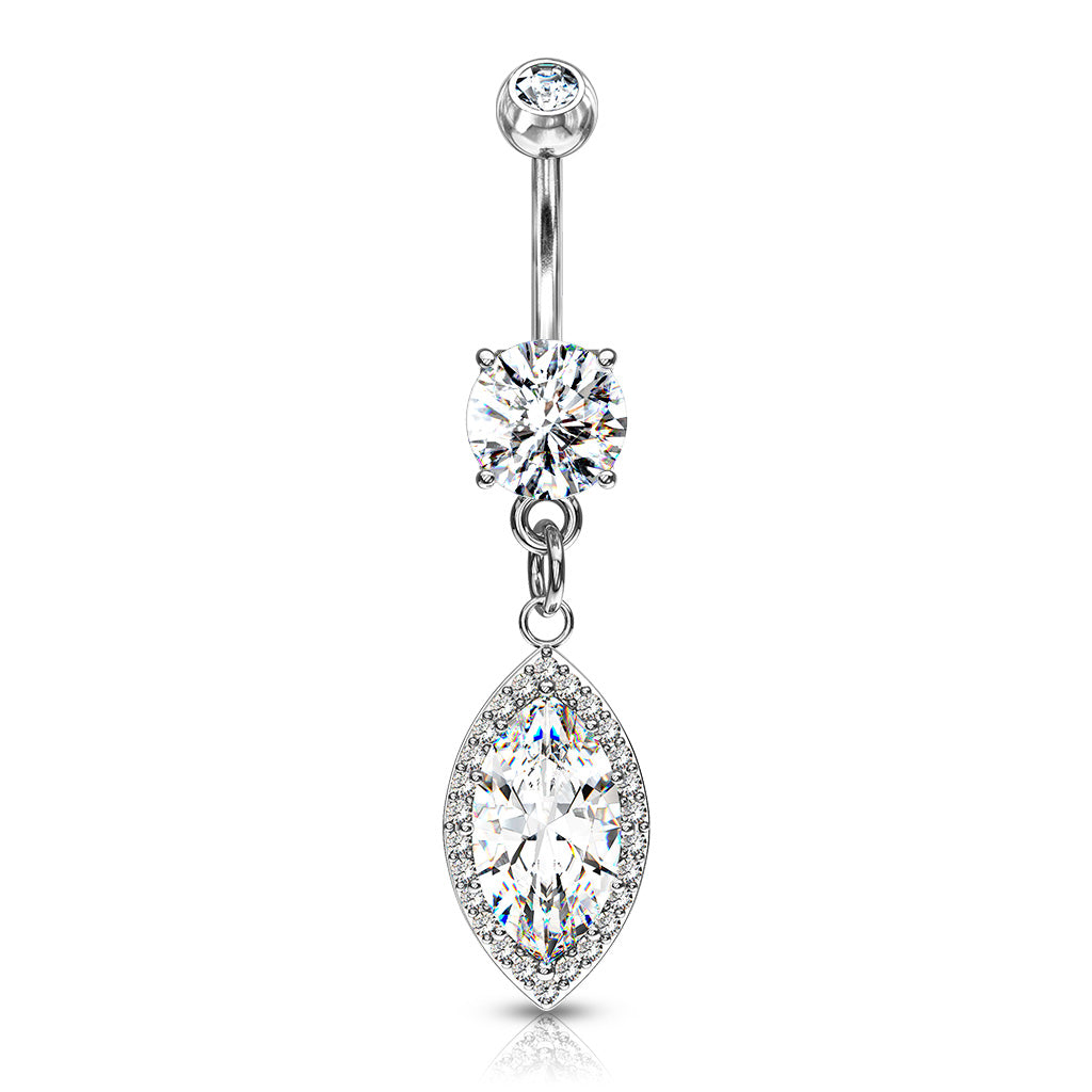 Round CZ Prong Set with Large Marquise CZ with CZ Around Dangle 316L Surgical Steel Belly Button Navel Rings - Clear