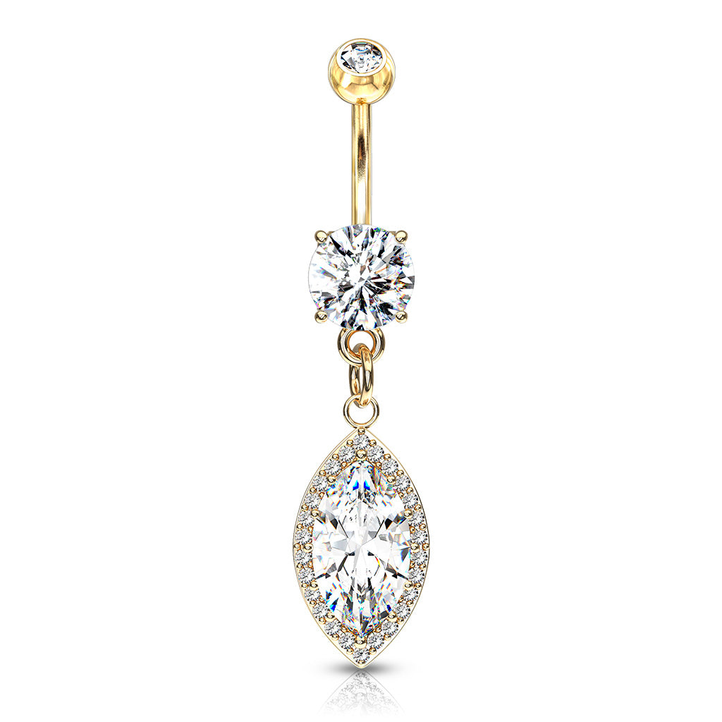 Round CZ Prong Set with Large Marquise CZ with CZ Around Dangle 316L Surgical Steel Belly Button Navel Rings - Gold/Clear