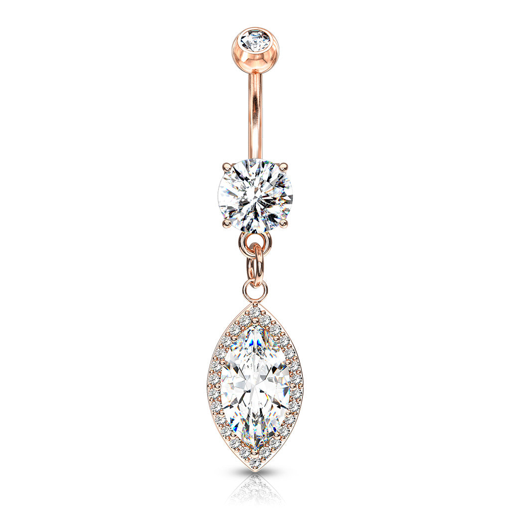 Round CZ Prong Set with Large Marquise CZ with CZ Around Dangle 316L Surgical Steel Belly Button Navel Rings - Rose Gold/Clear