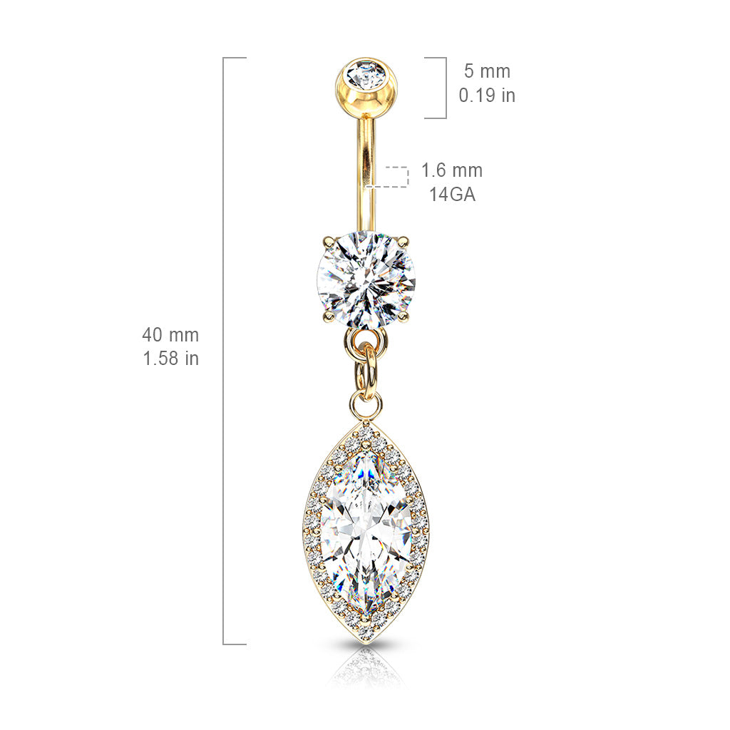 Round CZ Prong Set with Large Marquise CZ with CZ Around Dangle 316L Surgical Steel Belly Button Navel Rings size chart