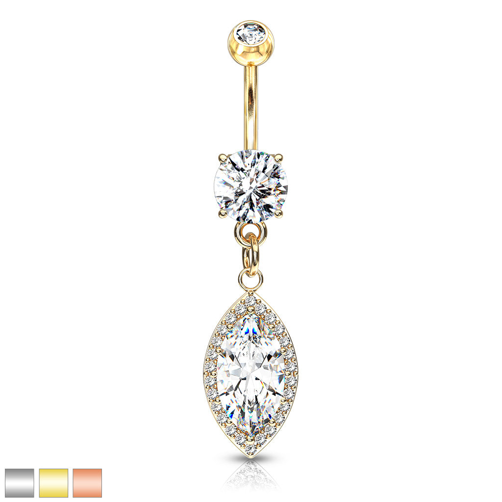 Round CZ Prong Set with Large Marquise CZ with CZ Around Dangle 316L Surgical Steel Belly Button Navel Rings - all colors