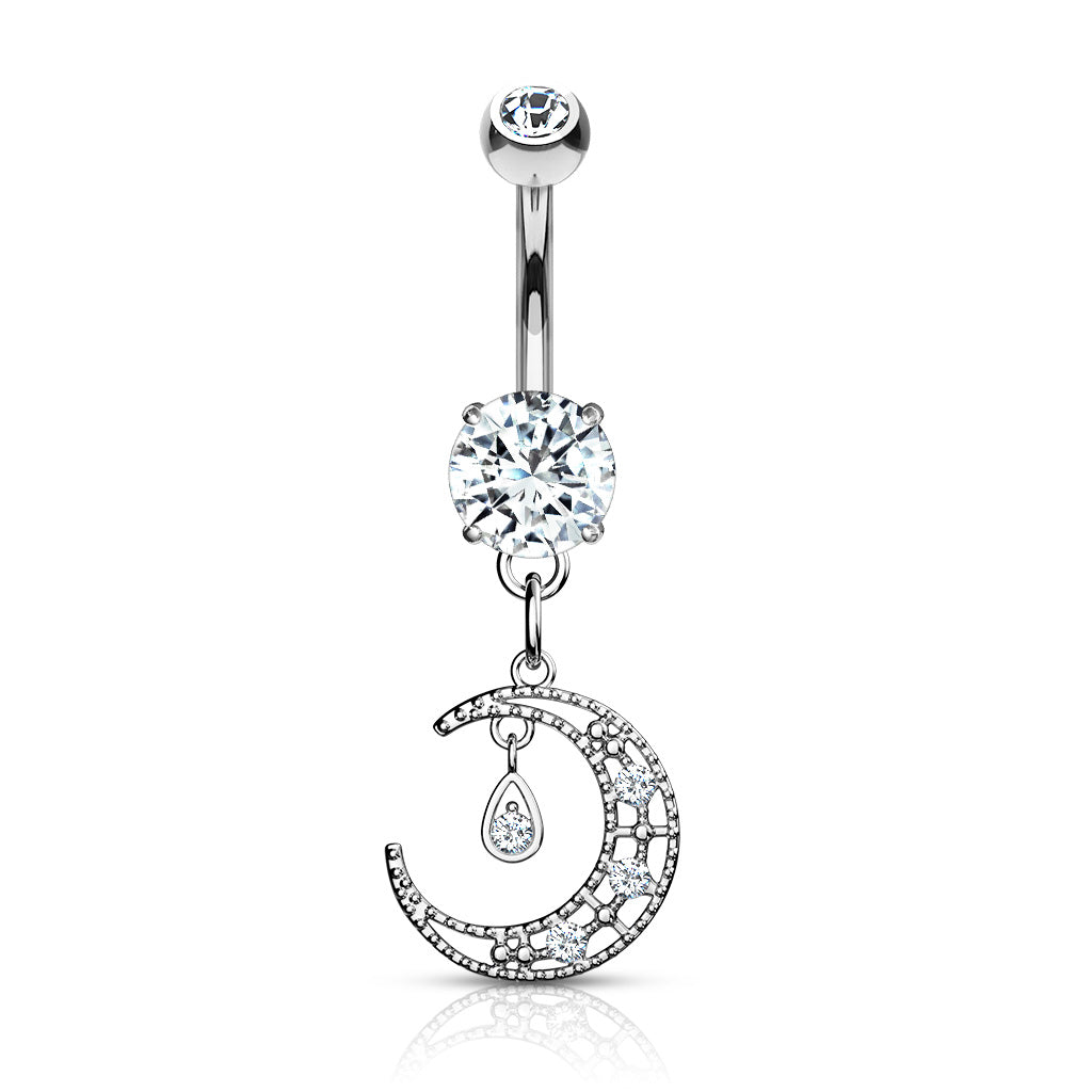 316L Surgical Steel CZ Paved Crescent Dangle Round CZ Set Belly Button Ring - Clear