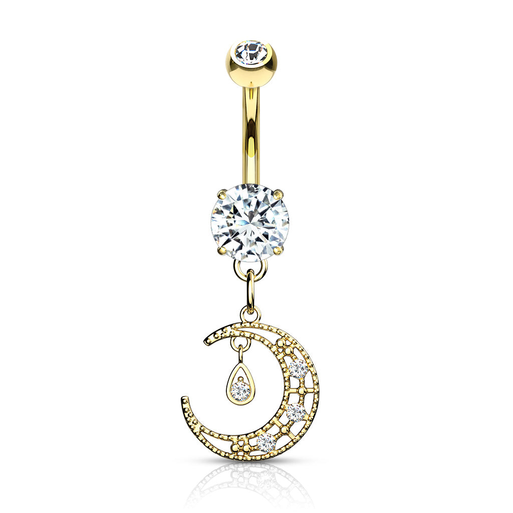 316L Surgical Steel CZ Paved Crescent Dangle Round CZ Set Belly Button Ring - Gold/Clear