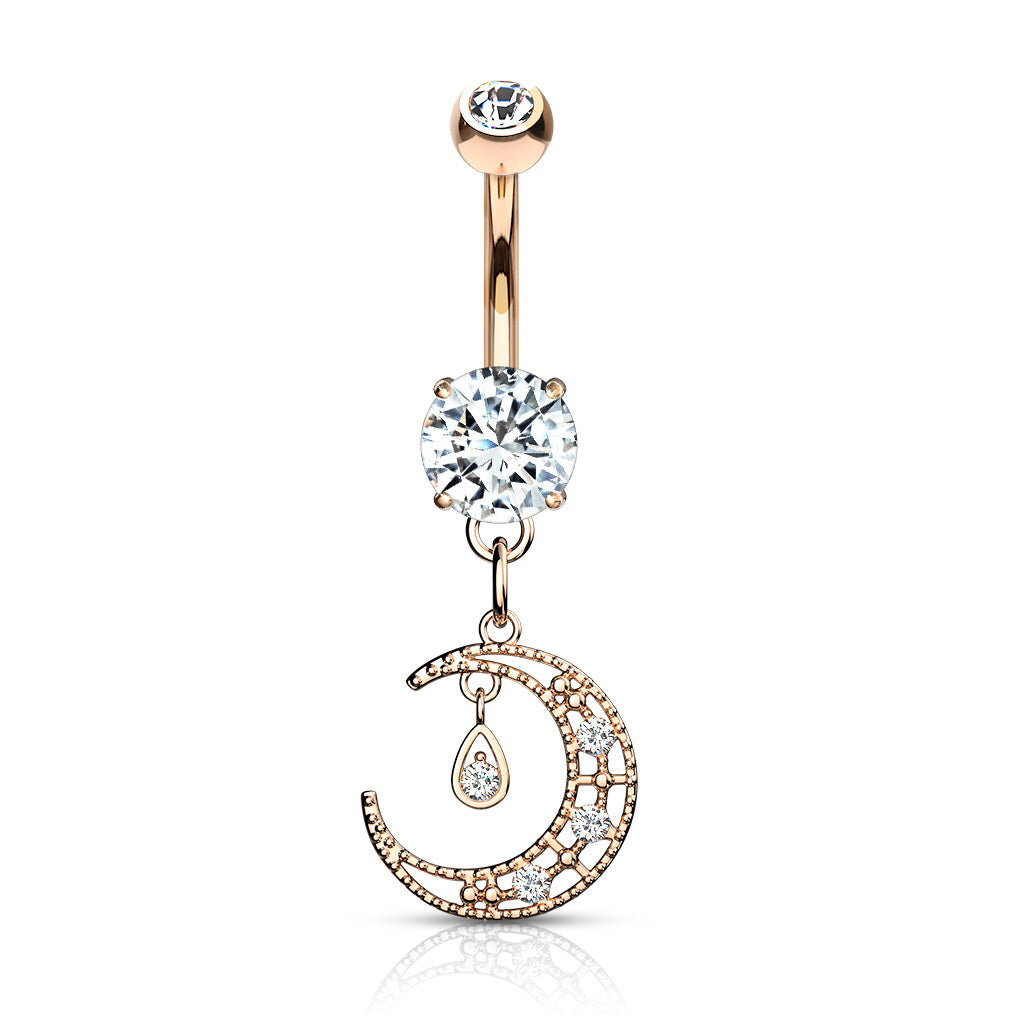 316L Surgical Steel CZ Paved Crescent Dangle Round CZ Set Belly Button Ring - Rose Gold/Clear
