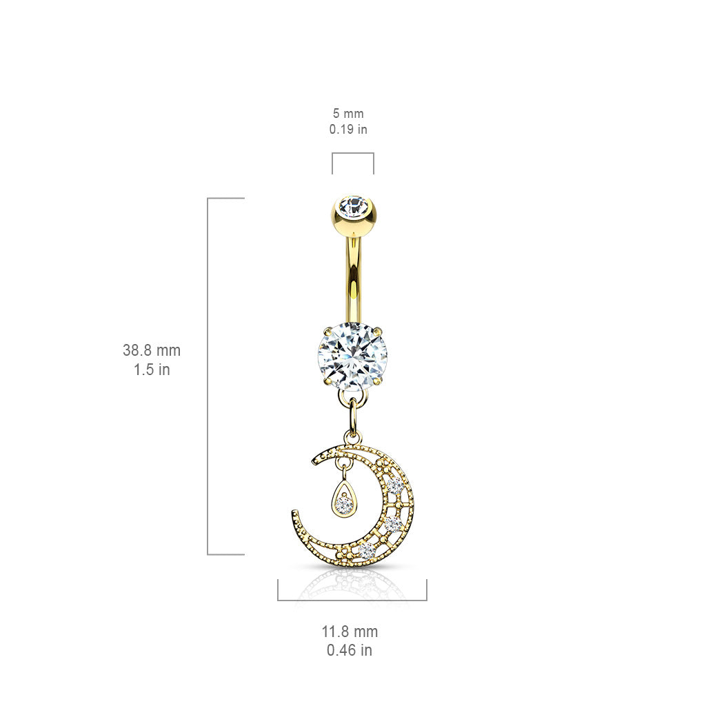 316L Surgical Steel CZ Paved Crescent Dangle Round CZ Set Belly Button Ring size chart