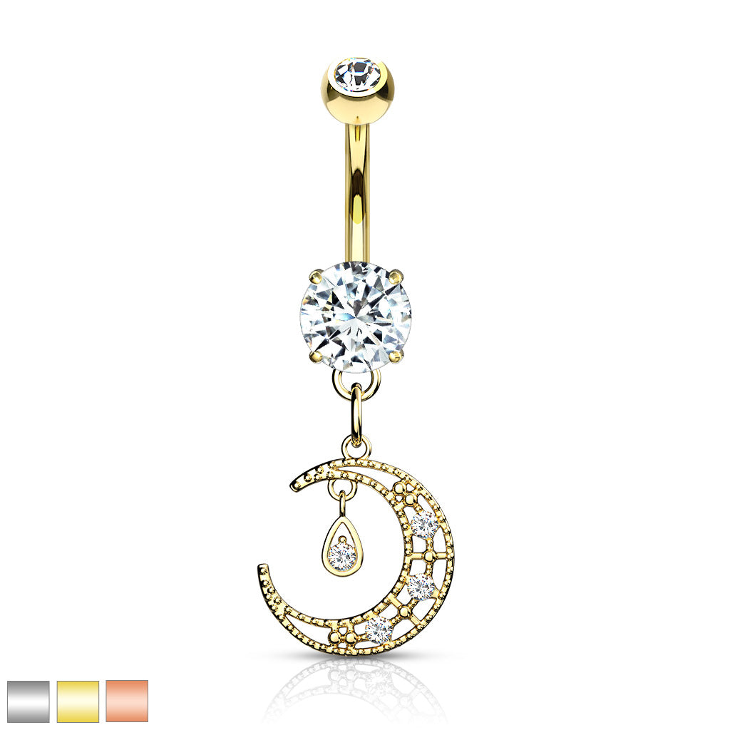 316L Surgical Steel CZ Paved Crescent Dangle Round CZ Set Belly Button Ring - all colors