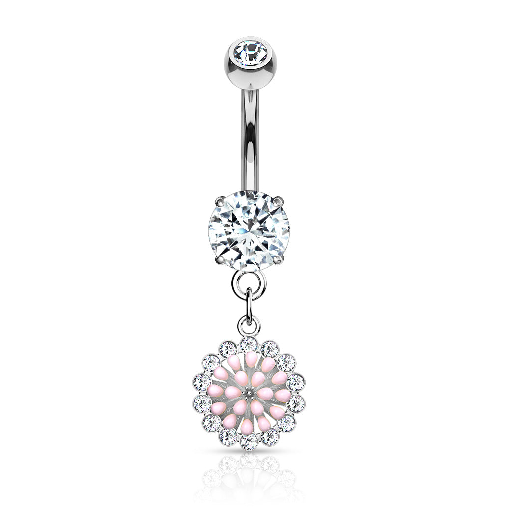 316L Surgical Steel Pink Enamel Cluster With CZ Around Dangle Round CZ Set Belly Button Ring - Clear