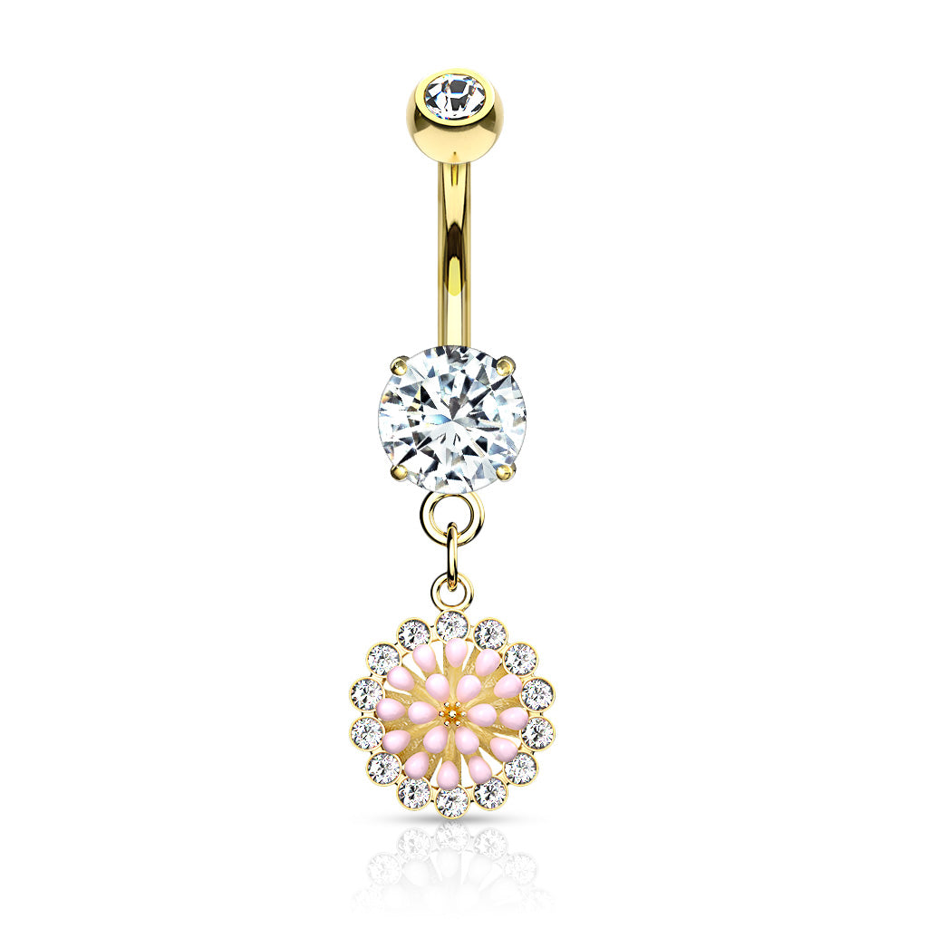 316L Surgical Steel Pink Enamel Cluster With CZ Around Dangle Round CZ Set Belly Button Ring - Gold/Clear