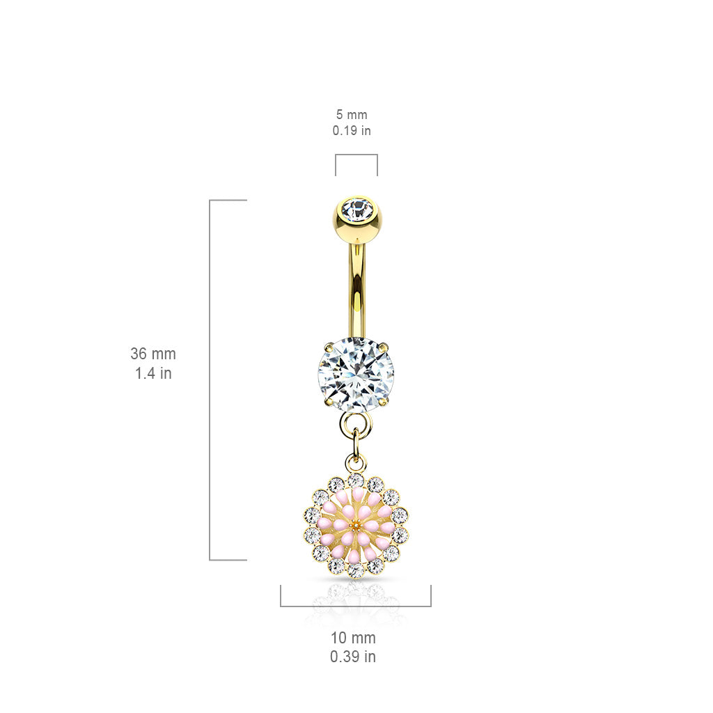 316L Surgical Steel Pink Enamel Cluster With CZ Around Dangle Round CZ Set Belly Button Ring size chart